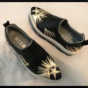 MSGM sz 5 black gold leather platform slip ons